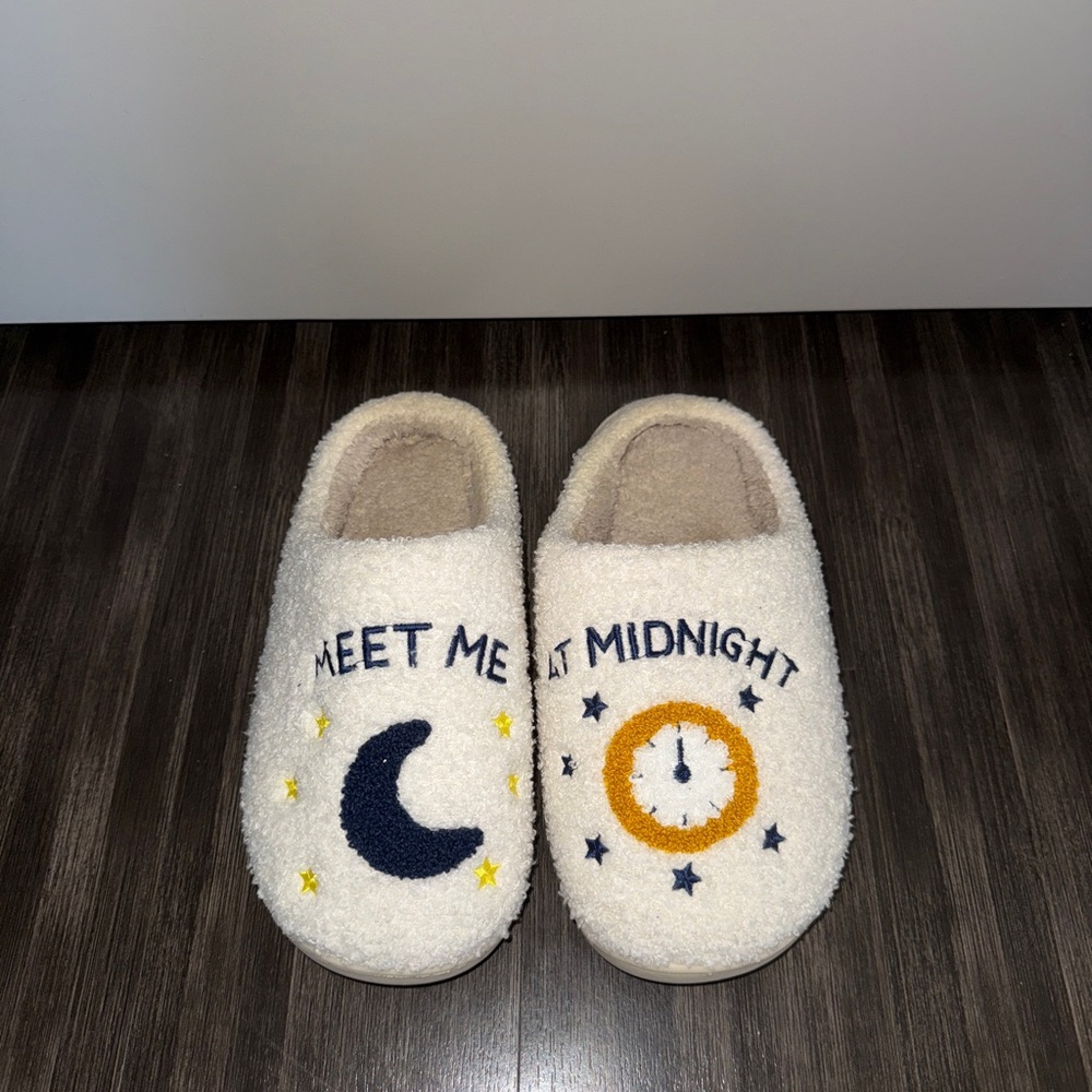 Cream “Meet Me at Midnight” Slippers with Moon and Clock Design
